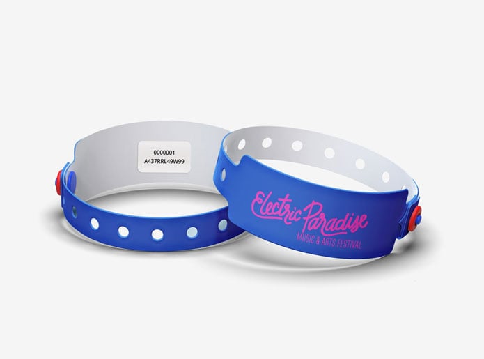 A blue RFID plastic wristband with 1 color pink print logo for electric zoo festival